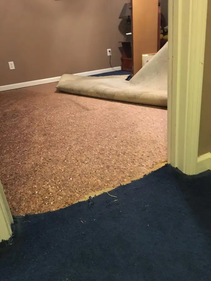 Carpet pad removal revealing water damage during Drying & Dehumidification in Upper Freehold